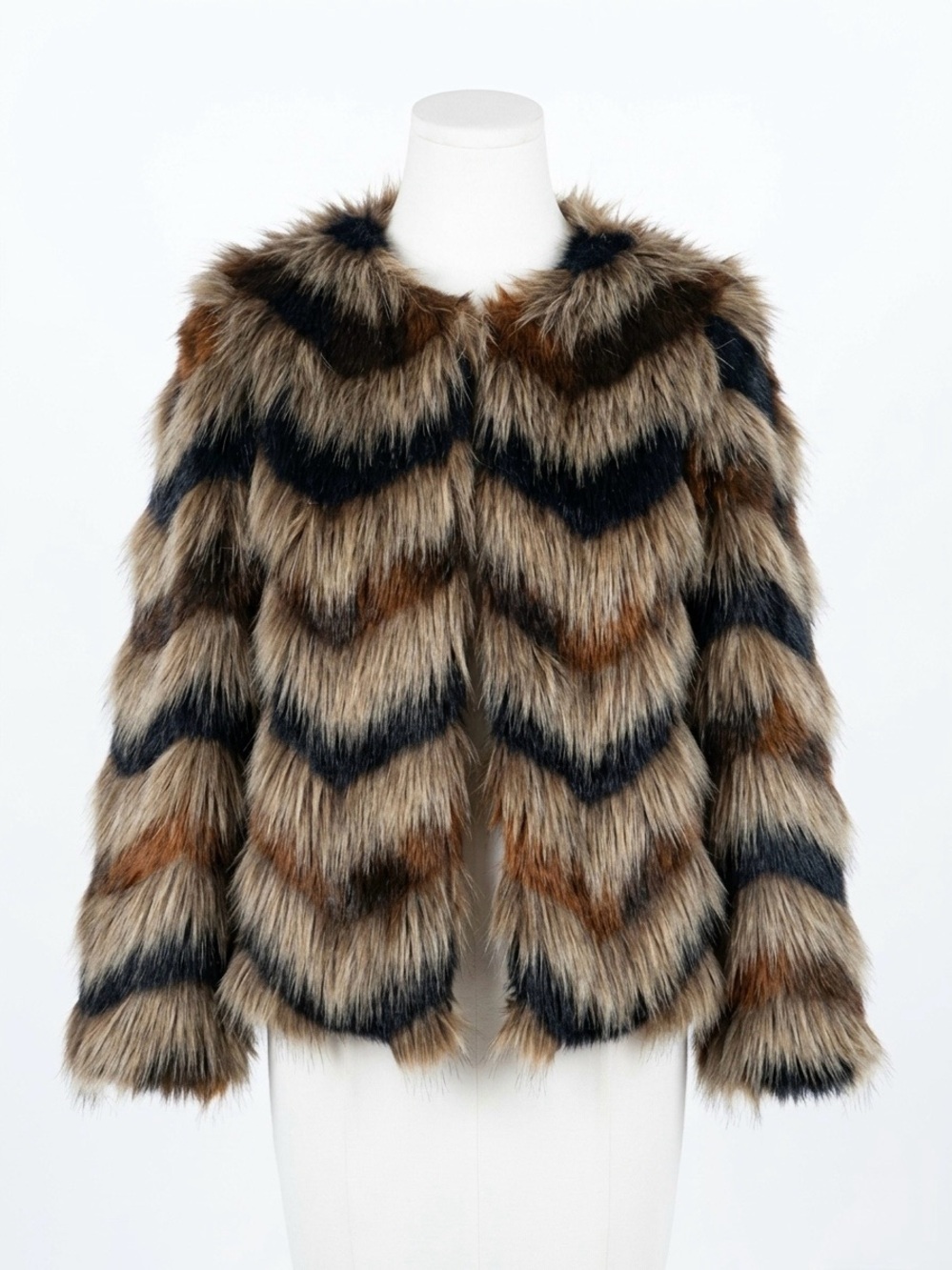 Vintage Revue Chevron Faux Fur Tiered Shaggy Coat Jacket XS Brown Mob Wife